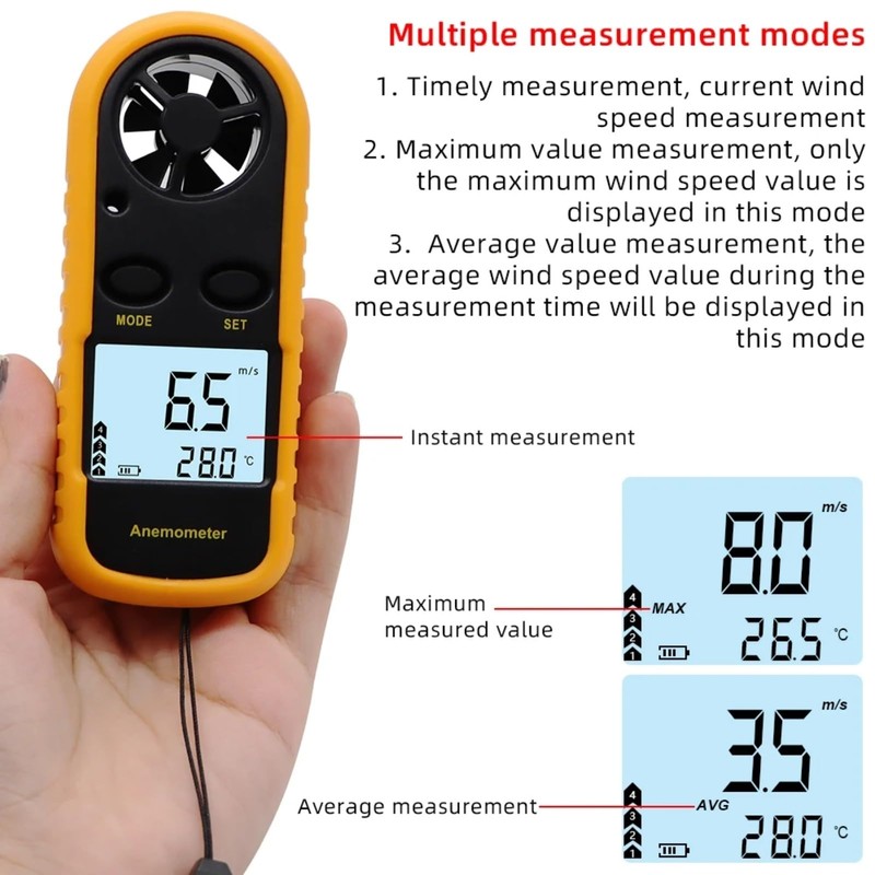 Anemómetro de mano medidor de velocidad del viento, termómetro detector
