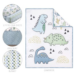 The Peanutshell 5 Piece Baby Crib Bedding Set for Boys - Newborn, Infant & Toddler Nursery Bed Set Decor with Fitted Crib Sheets, Blanket, Dust Ruffle Comforter - Blue Dino