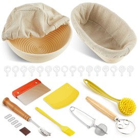 Sourdough Starter Kit with 9 Inch Round & 10 Inch Oval Banneton Bread Proofing Basket, Sourdough Proofing Basket with Tools, Bread Proofing Basket for Baking & Sourdough Bread Baking Supplies