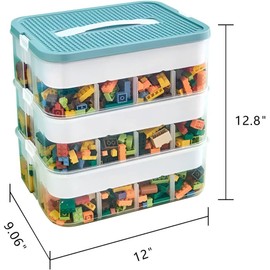 CinnanniC Plastic Storage Organizer Box 3 Layer Clear Building Blocks Storage Bins with Lid and Adjustable Storage Compartments for Bead Dolls Tool Parts Sewing(Green