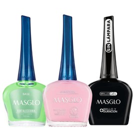 MASGLO Traditional Nail Polish 0.5 Fl. Oz. 3 piece kit with BASE FORTIFIER, color JUGUETONA and TOPCOAT GEL