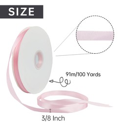 Sewhick 10mm Light Pink Satin Ribbon, 90M Pink Single Face Fabric Ribbons for Gift Wrapping Hair Bows Floral DIY Craft Baby Shower Party Favor