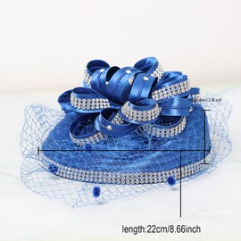 Royal Blue Formal Church Fascinator Hat for Women Ladies Girls Wedding Bride Cocktail Tea Party Dress Derby Hat with Veil Flower Rhinestone