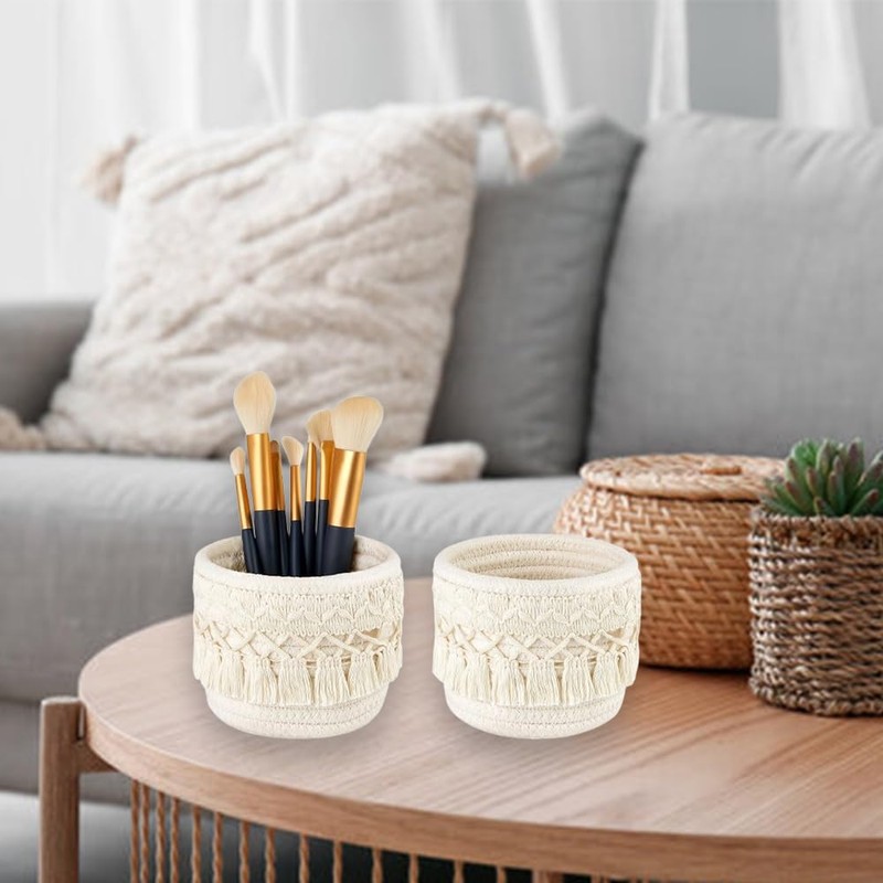 2 Pack Cotton Rope Desktop Organizer,Makeup Brush Holder,Mini Storage Basket,