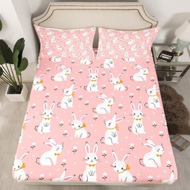Feelyou Cute Rabbit Bedding Set Cartoon Bunny Pink Bed Sheet Set for Kids Boys Girls Lovely Little Floral Rabbit Decor Bed Sheets Botanical Animal Fitted Sheet Room Decor 3Pcs Full Size,Zipper
