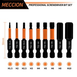 Meccion Allen Screwdriver Bit Set 9pcs 50mm Length Professional Hex Head Magnetic Impact Driver Bit H1.5 H2 H2.5 H3 H4 H5 H6 H8 H10-1/4" Hex Shank