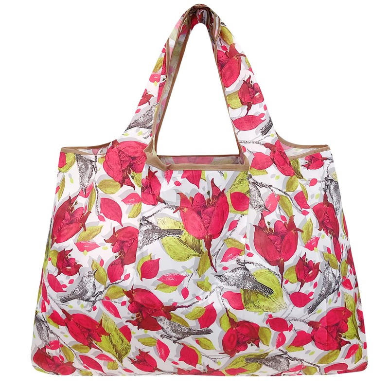 allydrew Large Foldable Tote Nylon Reusable Grocery Bag, Red Floral