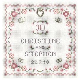 Heart Pearl Anniversary Sampler with Gold Heart Charm for a 30th Wedding Anniversary - Complete Cross Stitch kit on 14 aida