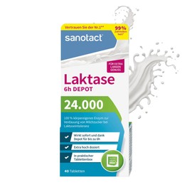 sanotact Lactase 24,000 6h DEPOT (40 lactase tablets) • Lactose tablets with depot effect • For lactose intolerance and milk intolerance • Immediate effect & 6h long-term depot