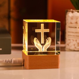 LONGWIN 3D Crystal Praying Hands Christian Gifts for Women Men, Glass Laser Engrave Jesus Cross Figurine 50mm Cube Led Night Light, Religious Gifts for Women Men Christian Crystal Table Lamps