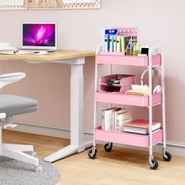 TOOLF 3 Tier Metal Rolling Storage Cart, Utility Cart No Screw, Easy Assemble Serving Cart, Sturdy Storage Trolley with Handles, for Classroom Office Home Bedroom Bathroom, Light White (Pure Pink)