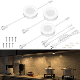 WOBANE Hardwired Under Cabinet Lights,Linkable LED Puck Lighting with Switch,DIY Under Counter Light for Kitchen,Showcase,Bookcase,Recessed&Wall Plug in,Natural White 4000K,120V,Set of 3