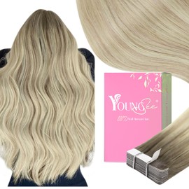 YoungSee Tape in Extensions Human Hair Ombre Blonde Tape in Hair Extensions Ash Blonde Ombre Platinum Blonde Tape ins Human Hair Extensions 14In 20pcs 50g Tape Hair Extensions Real Human Hair Straight