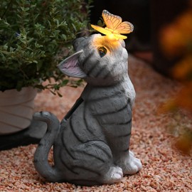 Bolanggu Solar Cat Garden Figurines Outdoor Decor Statue with LED Lights for Patio Balcony Yard Lawn Housewarming Gift for Garden Mom Grandma (Grey)