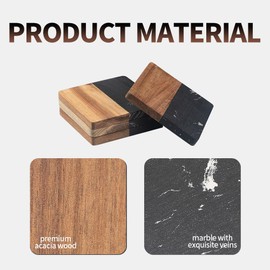 4Pcs Marble Wood Splicing Coasters for Drinks - Square Natural Wood Drink Coasters Set Modern Home Decor, Suitable for Desktop Decoration Such As Coffee, Tea, and Beverages (Black)