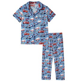 BambooBud Kids Boys and Girls Pajama Sets Short Sleeve Long Pants 2pcs Silky Sleepwear Button Down Unisex Loungewear 4T-8Y, Airplane and Car, 6-7Y
