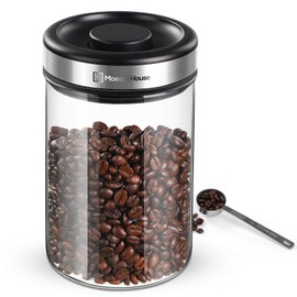 Maestri House Vacuum Coffee Canister with Spoon, 40 OZ AirTight Glass Coffee Bean Storage Container, Food Storage Jar, for 1 lb Beans, Grounds Coffee, Tea, Flour, Cereal, Sugar (Silver)