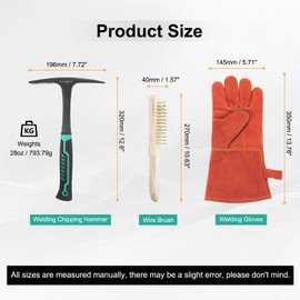 HARFINGTON 3pcs 28oz Welding Chipping Hammer with 10.6" Welding Steel Wire Brush and 14" Welding Gloves Slag Remove Tool Kit for Rock Pick, Black