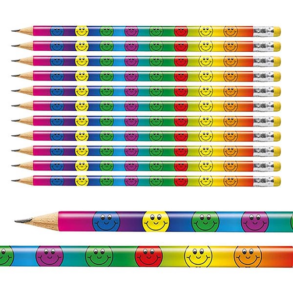 12 Multicoloured Smiley Faces Childrens Pupils School Teachers Reward Pencils