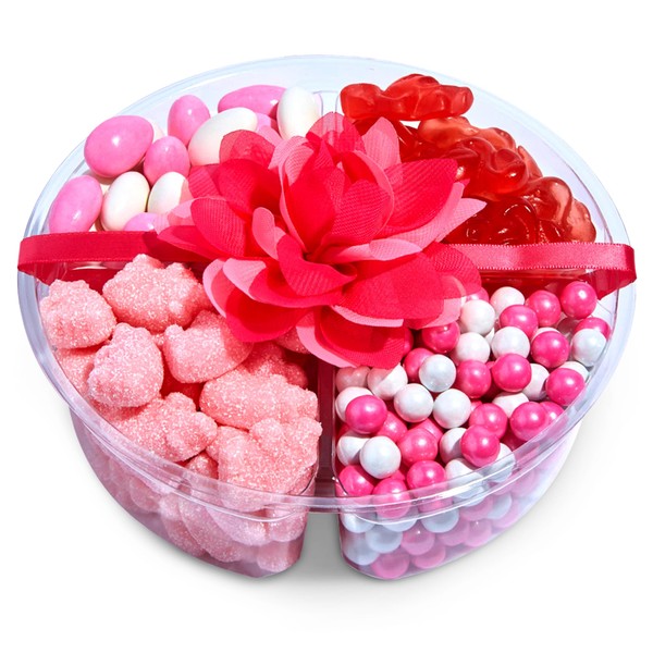 Lujoso-Gourmet-Sweets - Plato de regalo para dulces de color rosa – Cesta de muestras variadas de caramelos de calidad – Decoración perfecta para baby shower para niña – Bandeja de caramelos con cinta de fantasía – rosa