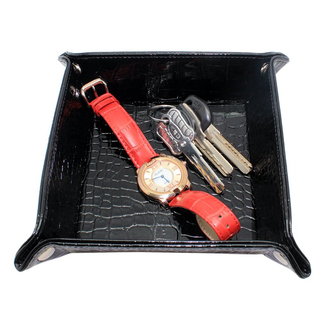 boshiho Valet Tray for Men, PU Leather Jewelry Catchall Key Phone Coin Box Change Caddy Bedside Storage Box (Black)