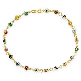 Protection Amulet Turkish Multi Color Charm Slender Evil Eyes Anklet Link Ankle Bracelet For Women Teen Yellow Gold Plated .925 Sterling Silver 10 Inch
