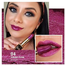 OULAC Lippenstift Metallic Glanz Finish, Pflaume Glitzer Lippenstift mit Lang Anhaltendem 3D-Glanz, Intensive Farbe, Cremige und Feuchthaltende Formel, Vegan, 4.3g, (04) Sugar Plum