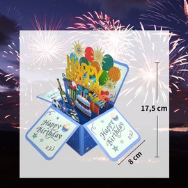 JanYoo 3D Birthday Card with Envelope Pop Up 3D Happy Birthday Greeting Card for Boys Girls Woman Man Family and Friends Romance Vintage for Party Anniversary (Blue-All)