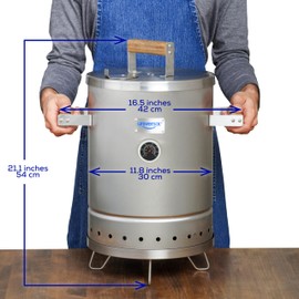 Universal (6-pound) Stainless Steel (Small) Charcoal Barrel Smoker with Thermometer & Airlock system - 16.5"x 21.18" x ⌀11.81", 2 in 1 Vertical Smoker - Grill and Smoker, 6-serving Slow Cooking Smoker