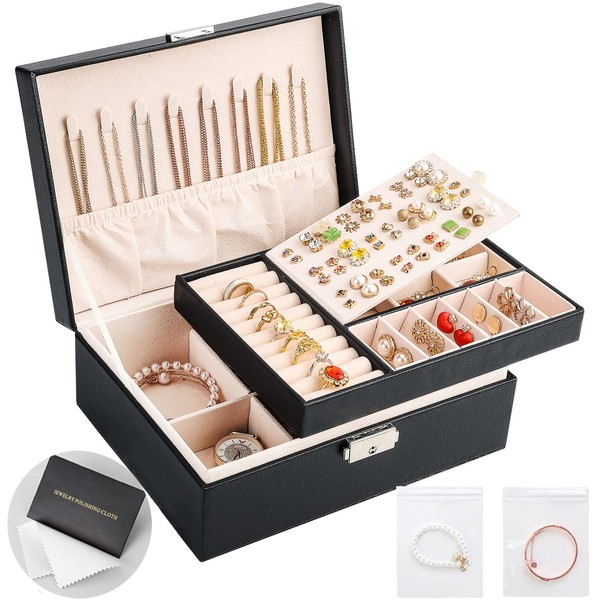 Sanikeon Jewelry Boxes for Women Girls 2 Layers leather Jewelry Organizer Case with Lock Storage Box Removable Tray for Necklace Earring Ring with Polishing Cloth and Jewelry Bags