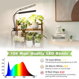 FOXGARDEN Grow Light Full Spectrum, Dual Head Plant Lights for Indoor Growing with Flexible Gooseneck, 104 LEDs Clip Grow Lamp with 4/8/12H Timer, 4 Brightness Levels, Ideal for Indoor Growth