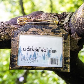 Weatherproof License Holder with Pin Included, Perfect for Hunting, Fishing, Archery Tags and Permits, Clear Window, Premium Quality Hand Stitched Synthetic Leather (Camo)