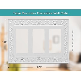 OKAWYC Triple Decorator Light Switch Cover NovaBloom Metal Wall Plate, 2-Pack White 3 Gang Triple Rocker, Receptacle Dimmer Switch Cover GFCI Outlet Decorative Wallplate, Durable