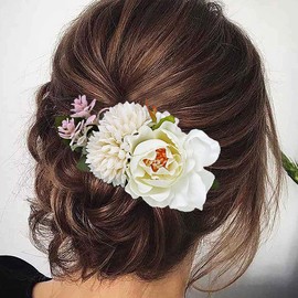 Yheahin Bridal White Rose Flower Hair Comb Boho Handmade Floral Headpiece Wedding Flower Hair Accessories for Women Brides Bridesmaids (White 5)