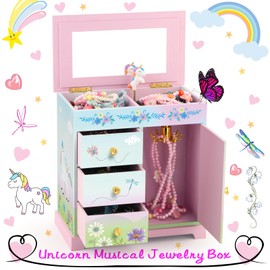 RR ROUND RICH DESIGN Big Music Jewelry Box for Girls with 3 Drawers and Lagrge Storage Paired Foil Gold Unicorn Theme Spinning Playback the Tune for Beautiful Dream Song Pink-Green