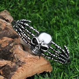 EENSYWEENSY Gothic Skull Cuff Bracelet, Stainless Steel Skeleton Hands Bangle Bracelet, Punk Rock Jewelry Gift Women Men