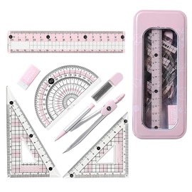 Protractor and Compass Set Pink – Geometry Set for Secondary School, Cute Aesthetic Math Kit, Includes Protractor, Compass, Triangles, Eraser, and More, for Girls, Students, Teachers