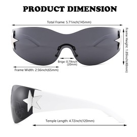 NULOOQ Rimless Y2K Sunglasses for Women Men – Trendy Star Shield Wrap Around Sunglasses Oversized Frameless Sun Glasses (White/Gray)