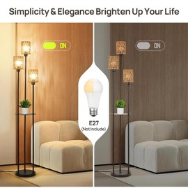 RHYEVNB Floor Lamp, 3-Lights Rattan Floor Lamp with Shelves, Farmhouse Floor Lamp with ON/Off Foot Switch, Rustic Standing Lamp with Rattan Shades, Tall Floor Lamps for Living Room Bedroom Office