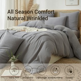 YASMENG 100% Cotton Muslin Duvet Cover Set Queen Size Grey, Ultra Soft Breathable Absorbent Gauze Bedding Duvet Cover, Luxurious Minimalist Natural Wrinkle Linen Textured Comforter Cover 90" x 90"