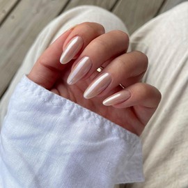 Almond Press on Nails White Gold Fake Nails Chrome False Nails with Designs Reusable Glue on Nails Medium Length Acrylic Nails Glossy Artificial Nails Glazed Doughnut Nails Nail Decorations for Women