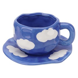 DODAMOUR Ceramic Coffee Cup and Saucer Set, Handmade Pottery with White Cloud Pattern, Small Giftable Underglaze Cup for Espresso, Latte, Milk, or Tea (Blue)