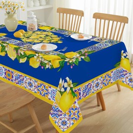 Honellaty Blue Yellow Lemon Vintage Pattern Tablecloth 52" x 70" Rectangle, Summer Table Cloth Spill-Proof Stain Resistant Wrinkle Free Table Cover for Dining, Party, Picnic