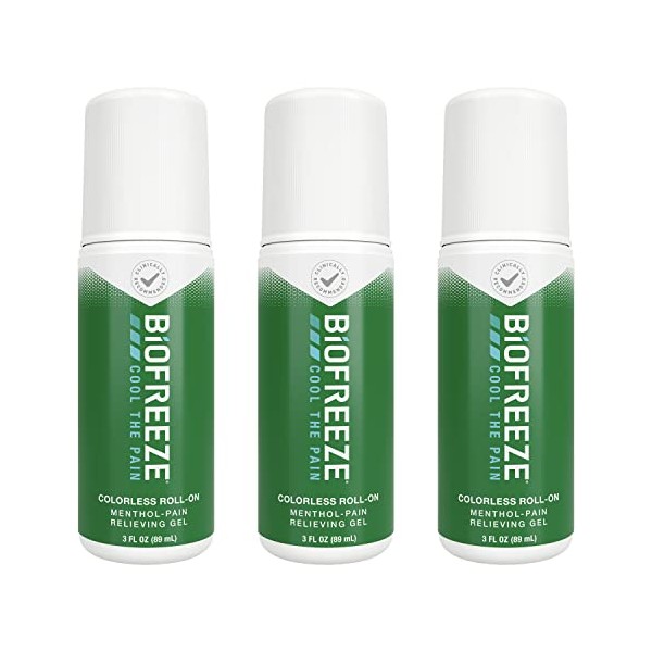 Biofreeze Roll-On Pain-Relieving Gel 3 FL OZ, Colorless (Pack Of 3) Topical Pain Reliever For Muscles And Joints From Arthritis, Backache, Strains, Bruises, & Sprains (Package May Vary)