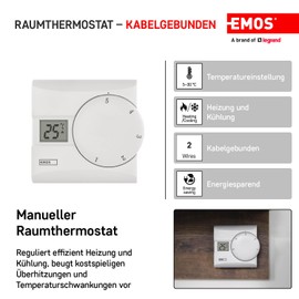 EMOS Digital Room Thermostat, Manual Wire Thermostat for Heating Systems and Cooling Systems, Intelligent TPI Thermostat, Room Temperature Controller with Adjusting Wheel, Wired for Surface Mounting