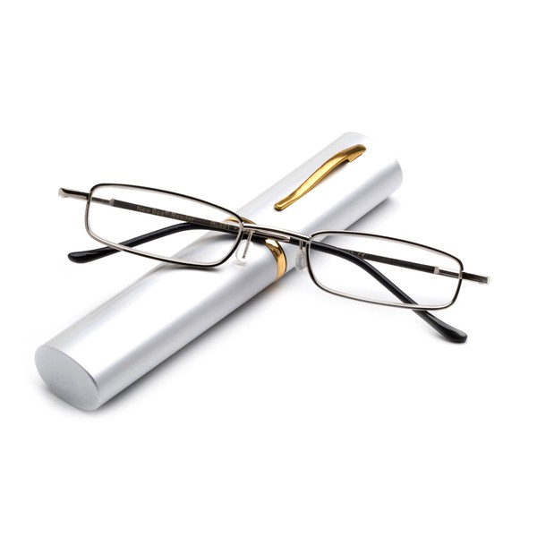 Pocket Readers Ultra Compact Reading Glasses Aluminum Tube Reader Silver +1.25