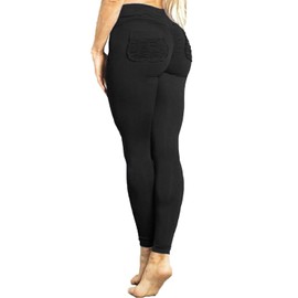 FITTOO Women High Waisted Back Pockets Runched Leggings Booty Scrunch Butt Push up Scrunched Yoga Pants Black L