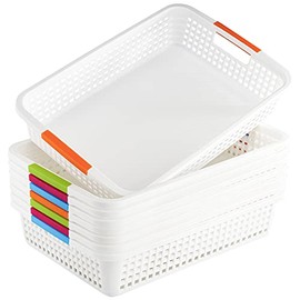 Lawei 8 Pack Large Plastic Sorage Basket with Handle - 15 x 10 x 3 Inch Pantry Organizer Basket Bins Desktop Paper Storage Basket for Organization, Countertops, Cabinets, Bedrooms, Bathrooms