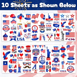 Partywind Labor Day Patriotic Decorations, 75 Styles Temporary Tattoos for Kids Adults USA American Party Accessories, Red White and Blue Party Supplies with USA Flag