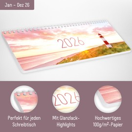 Häfft® Weekly Desk Calendar 2026 Landscape "Leuchtturm" 1 Week 2 Pages, Desk Calendar with Sayings, Weekly Calendar 29.7 x 11.6 cm - Sustainable and Climate Friendly